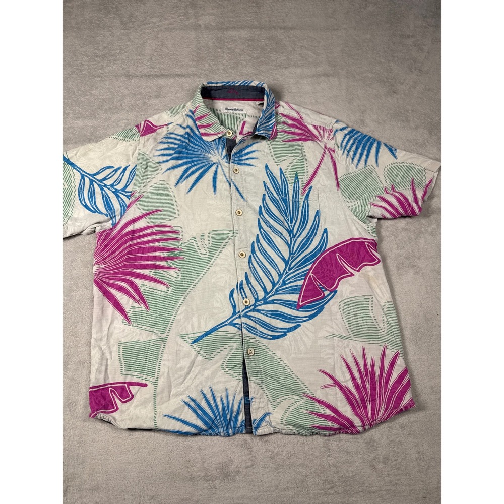 Tommy Bahama Button Down Mens L Grey Tropical Palm Leaf Silk ST324760